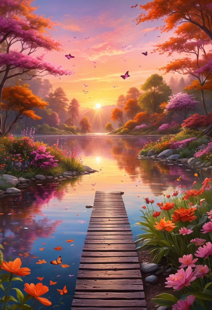 A serene landscape with a glowing sunrise over a tranquil lake, reflecting vibrant colors of orange and pink. In the foreground, a path lined with blooming flowers symbolizing different happiness strategies. A joyful figure practicing yoga in a meditative pose, embodying peace and bliss, surrounded by gentle butterflies. The scene conveys tranquility, inspiration, and joy. super-realistic. vibrant colors. digital painting.