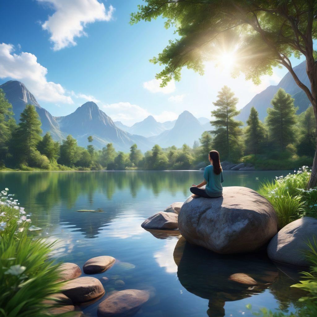 A serene landscape featuring a tranquil lake surrounded by lush green trees and gentle mountains in the distance. In the foreground, a person practicing mindfulness meditation on a smooth rock, embodying peace and clarity. Soft rays of sunlight filtering through the leaves, creating a sense of warmth and joy. Incorporate elements like blooming flowers, fluttering butterflies, and a peaceful blue sky. super-realistic. vibrant colors. soft focus.