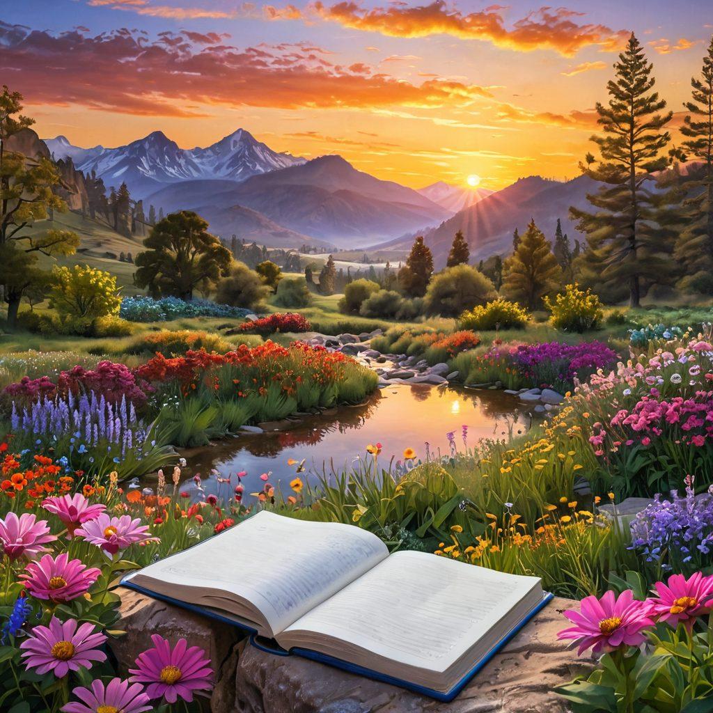 A serene landscape featuring a sunrise over a peaceful valley, where individuals of diverse backgrounds are practicing gratitude rituals like journaling and meditating. Bright colors radiate warmth and positivity, symbolizing the essence of optimism. Include vibrant flowers blossoming at the foreground, representing growth and contentment. The scene should evoke a feeling of tranquility and harmony. super-realistic. vibrant colors.
